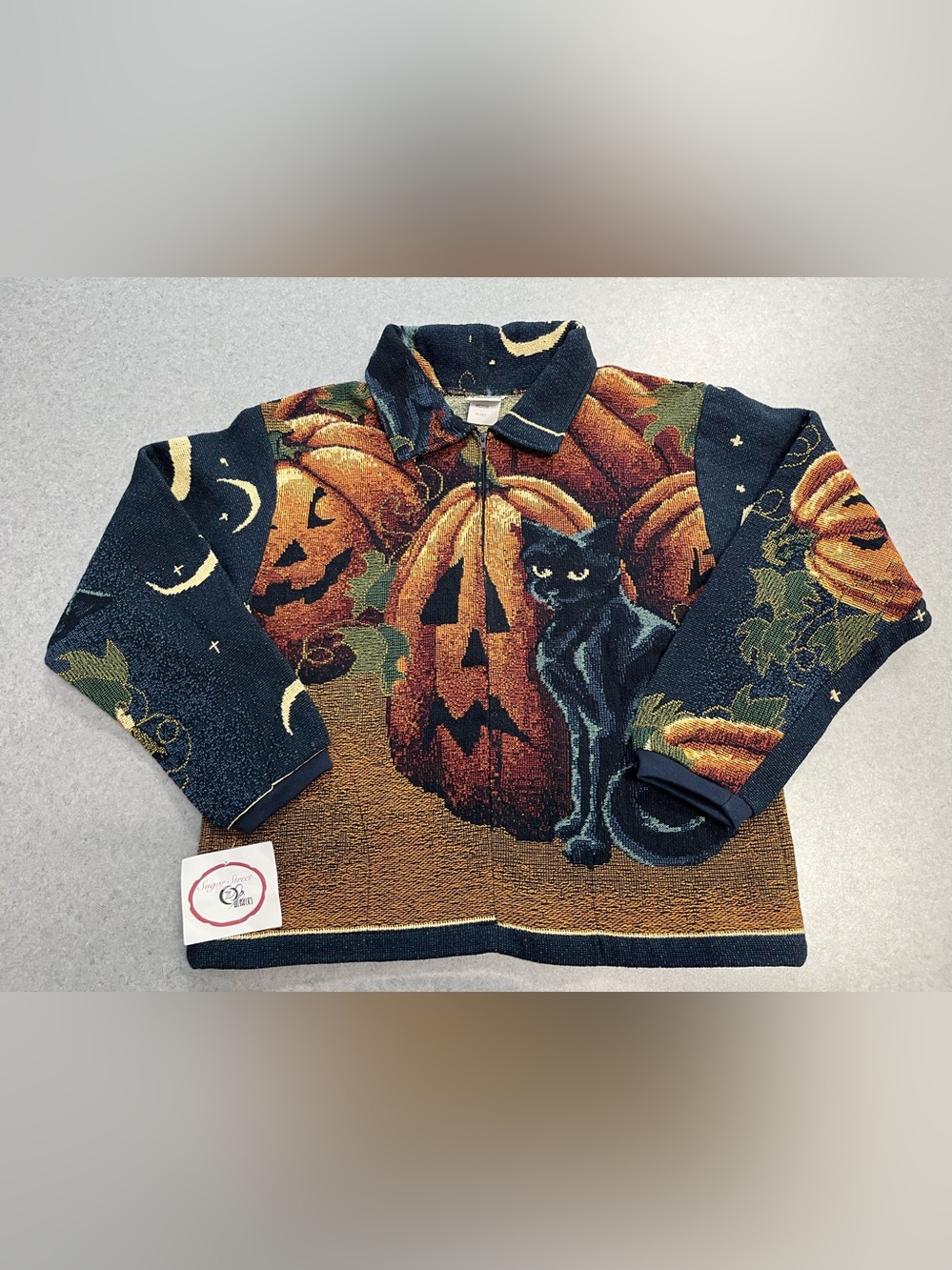 VTG Sugar Street Weavers PUMKATZ Halloween Jacket Black Cat Pumpkin USA Medium